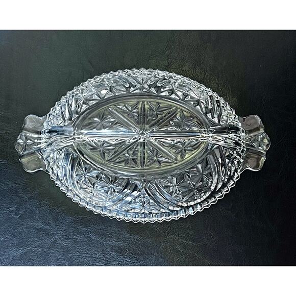 Vintage Heavy Cut Glass Divided Serving Dish With Handles Anchor Hocking - Picture 2 of 4